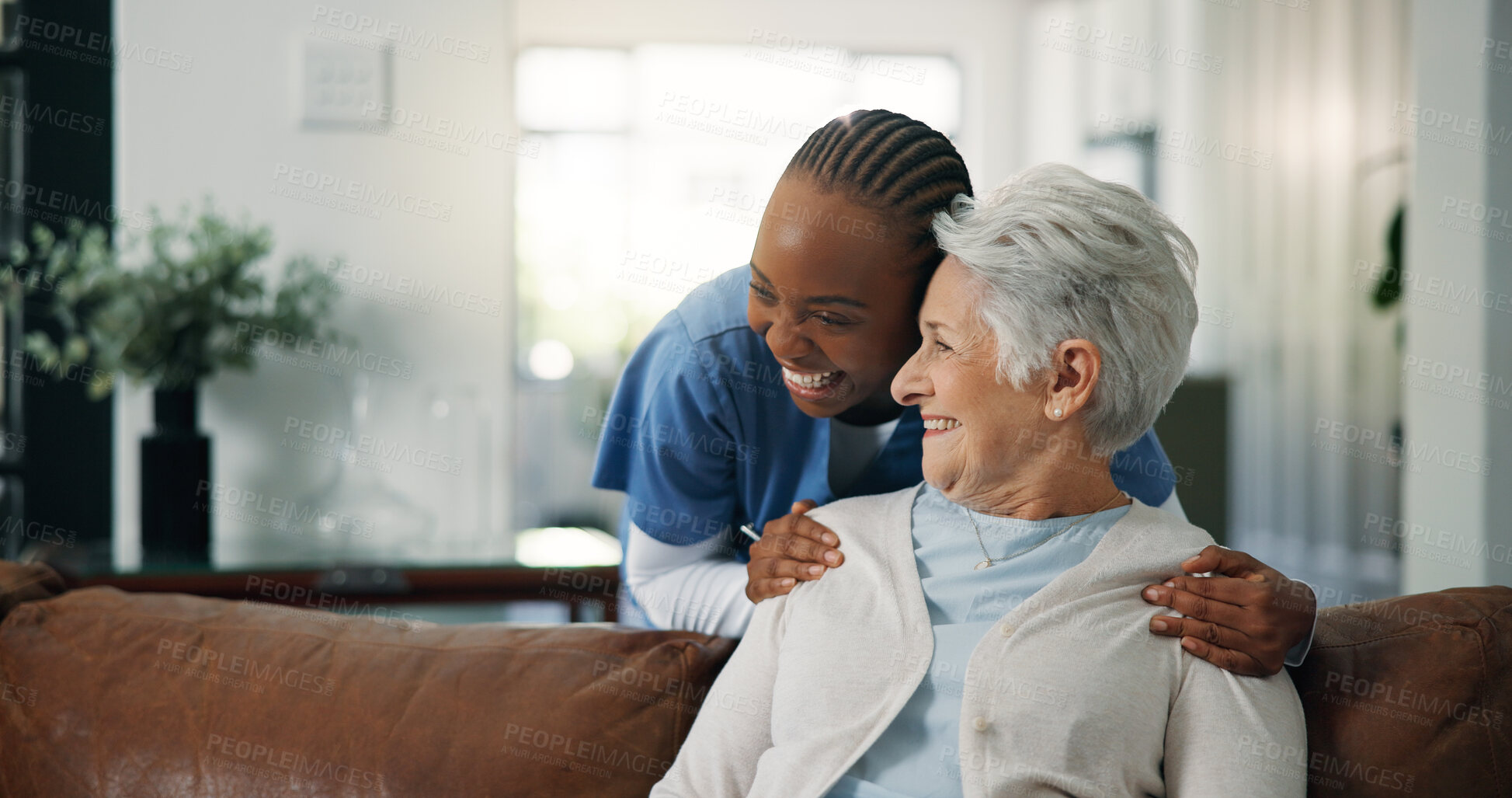 Buy stock photo Happy, caregiver or old woman in house with hug, understanding or empathy in assisted living. Compassion, elderly person or nurse in home with embrace, support and patient security in retirement care