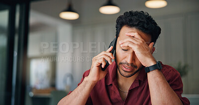 Buy stock photo Upset, man and talk in home with phone call, feedback and disappointed for financial crisis problem. Frustrated, person and conversation in house with tech, contact and stress for finance debt risk.