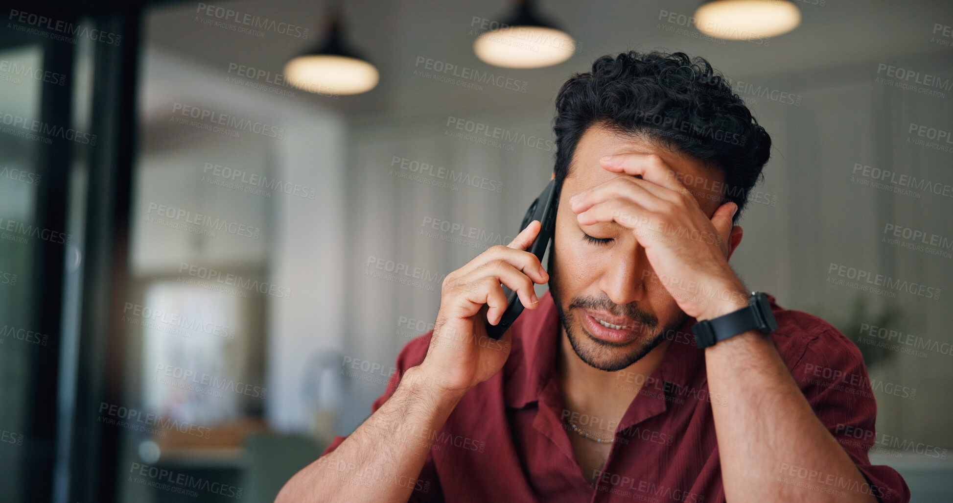 Buy stock photo Upset, man and talk in home with phone call, feedback and disappointed for financial crisis problem. Frustrated, person and conversation in house with tech, contact and stress for finance debt risk.
