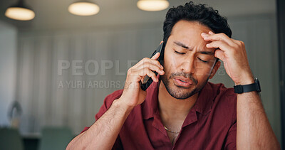 Buy stock photo Frustrated, man and talk in home with phone call, feedback and disappointed for financial crisis problem. Upset, person and conversation in house with tech, contact and stress for finance debt risk.
