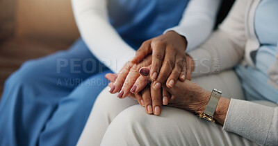 Buy stock photo Caregiver, holding hands and people in home with comfort, understanding or empathy in assisted living. Compassion, patient security or nurse with elderly woman, support and trust in retirement care.