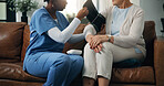 Blood pressure, senior patient or caregiver in nursing home, hypertension check or machine to monitor heart. Consultation, elderly care or nurse with health assessment, medical exam or people on sofa