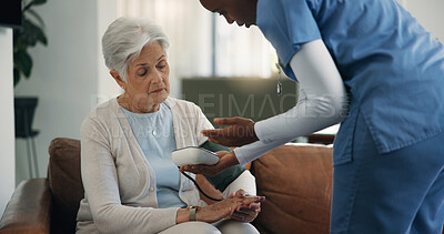 Buy stock photo Blood pressure, elderly woman or caregiver in nursing home, hypertension check or machine to monitor health. Consultation, senior care or nurse with wellness assessment, medical exam or show results