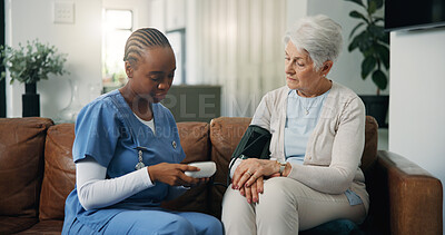 Buy stock photo Blood pressure, patient or caregiver in nursing home, hypertension check or machine to monitor heart rate. Consultation, senior woman or nurse with health assessment, medical exam or measure pulse