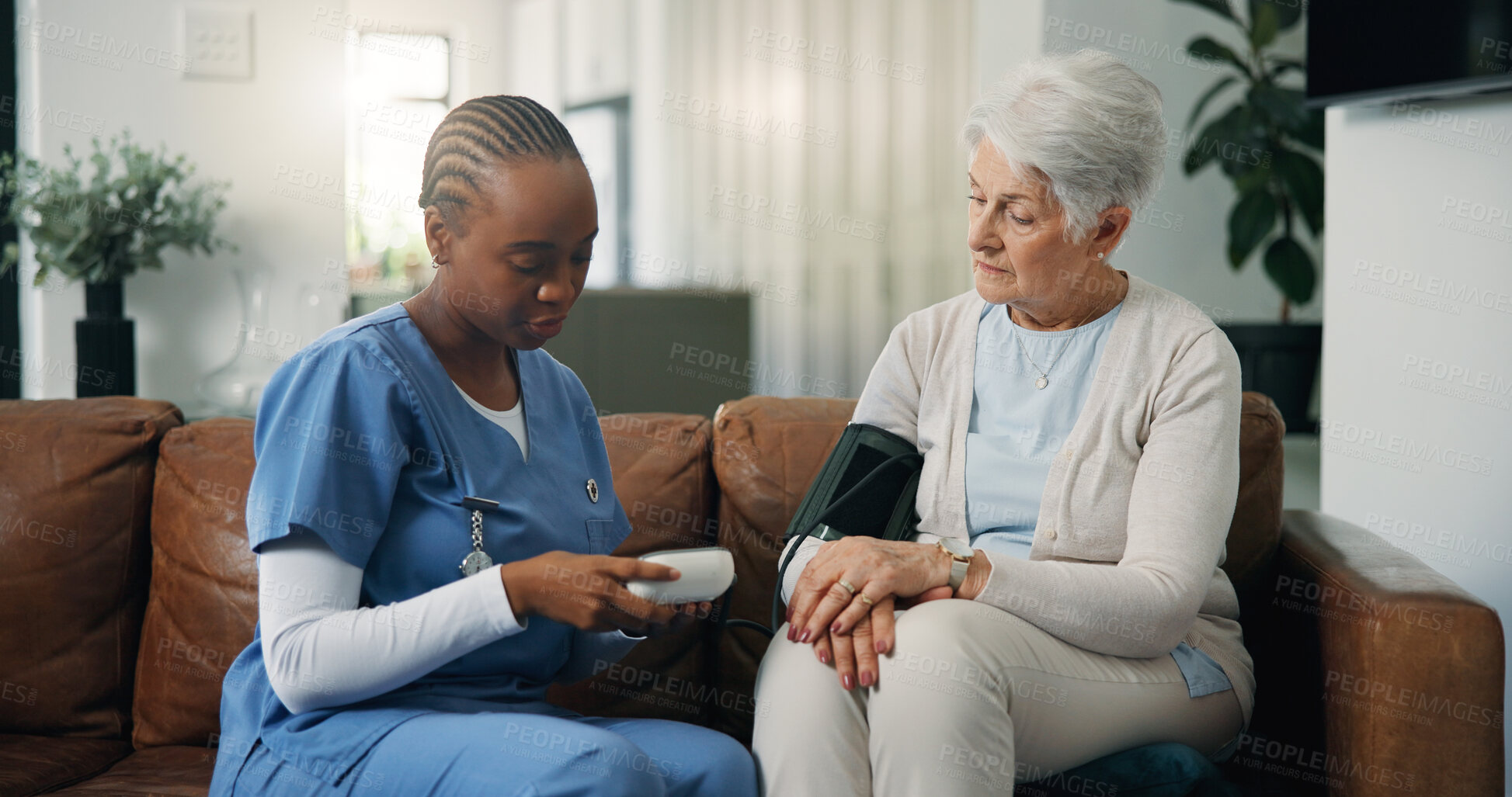 Buy stock photo Blood pressure, patient or caregiver in nursing home, hypertension check or machine to monitor heart rate. Consultation, senior woman or nurse with health assessment, medical exam or measure pulse