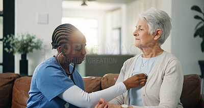 Buy stock photo Consulting, medical or stethoscope with old woman and nurse on sofa for help or home appointment. Cardiology, chest or healthcare with caregiver and senior patient in apartment for insurance checkup