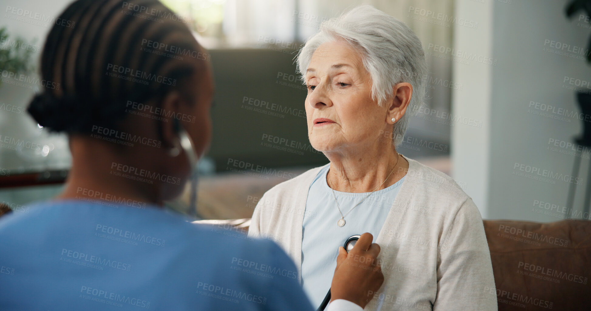 Buy stock photo Consulting, healthcare or stethoscope with old woman and nurse on sofa for help or home appointment. Cardiology, chest or medical with caregiver and senior patient in apartment for insurance checkup