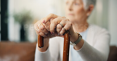 Buy stock photo Hands, walking stick and senior woman in home for support, mobility or rehabilitation movement. Injury, crutch and elderly female person with disability arthritis or osteoporosis with medical help.