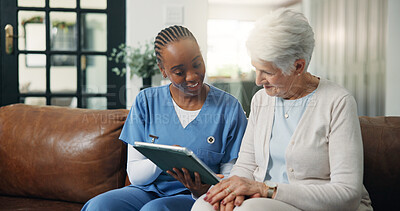Buy stock photo Caregiver, checkup and old woman with tablet in home for good news, medical results or telehealth. Happy, nurse and senior person with digital for healthcare report, online survey and assisted living