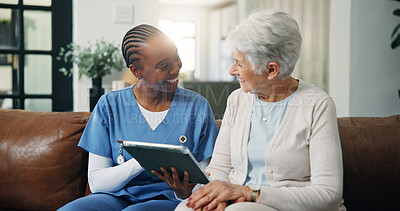 Buy stock photo Happy, caregiver and old woman with tablet at house for good news, medical results and telehealth. Smile, nurse and senior person with digital for healthcare report, online survey and assisted living