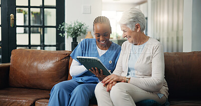 Buy stock photo Caregiver, senior woman and tablet in home with good news, medical results and telehealth. Nurse, laughing and elderly person with digital app for healthcare report, online survey and assisted living