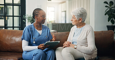 Buy stock photo Speaking, patient and caregiver with tablet in nursing home, health test results and medical counseling. Explaining, tech and senior person with nurse for assessment report, support or diagnosis talk