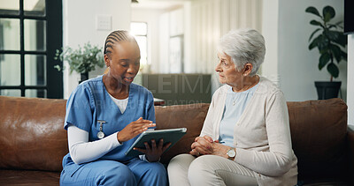 Buy stock photo Tablet, nurse and old woman in home for healthcare, homecare and report in retirement. Caregiver, patient and elderly person with technology in house, medical wellness and results in consultation