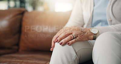 Buy stock photo Hands, knee pain and senior woman on sofa in living room of home for arthritis condition or symptoms. Joint, massage and space with elderly person in apartment for fibromyalgia or osteoporosis 
