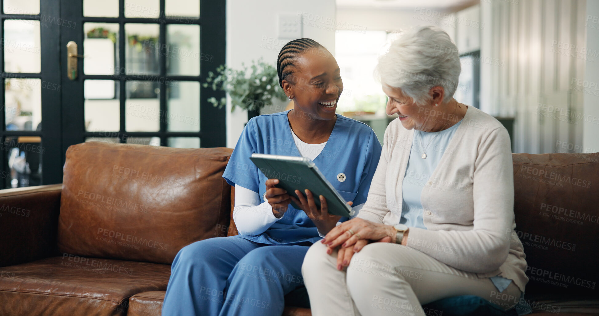 Buy stock photo Caregiver, senior woman and tablet at house with good news, medical results and telehealth. Happy, nurse and elderly person laugh with digital for healthcare report, online survey and assisted living