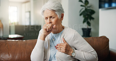 Buy stock photo Chest pain, cough and senior woman on sofa in home with discomfort, heartburn or asthma symptoms. Hypertension, medical emergency and elderly female person with cardiac arrest in living room at house