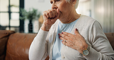 Buy stock photo Chest pain, cough and hand of senior woman in home with discomfort, heartburn or asthma symptoms. Hypertension, medical emergency and elderly female person with cardiac arrest in living room at house
