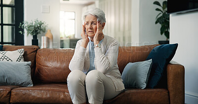 Buy stock photo Thinking, old woman and headache, home and stress for financial insecurity in living room or burnout. Mental health, reflection and elderly person with migraine, massage and anxiety for retirement
