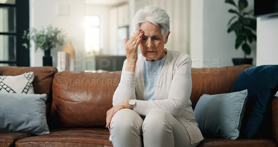 Buy stock photo Thinking, old woman and headache on couch, home and anxiety for financial insecurity in living room. Mental health, reflection and elderly person with migraine, massage and stress for retirement
