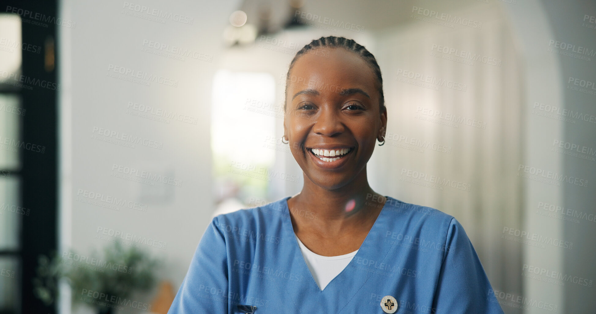 Buy stock photo Healthcare, portrait and smile of nurse black woman in apartment for assisted living or home care. Medical, scrubs and trust with happy African person in lounge for aid, consulting or wellness