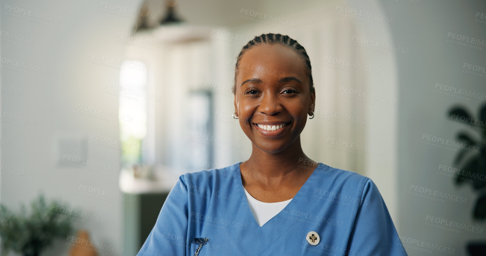 Buy stock photo Portrait, nurse and black woman at clinic for medical service,  smile and wellness. African person, healthcare or employee in facility, happiness or pride for career ambition, physician or cardiology