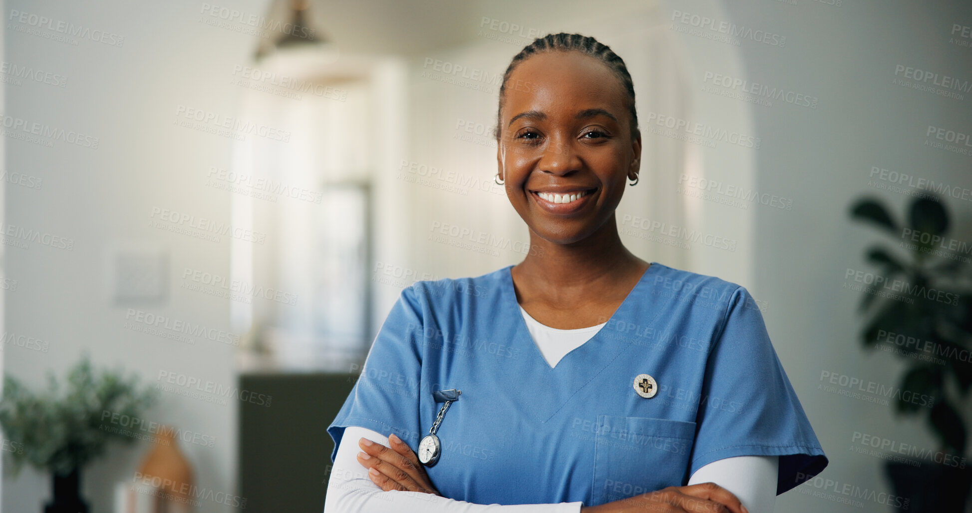Buy stock photo Happy, black woman and portrait with professional nurse or confidence for retirement health service. Female person, caregiver or medical volunteer with smile or arms crossed for healthcare assistance