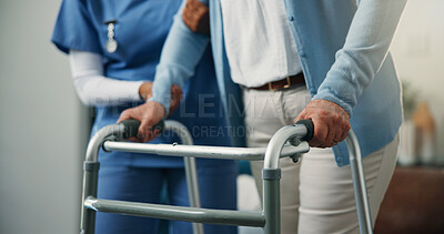 Buy stock photo Balance, hands and walking frame of old person with nurse in home living room for rehabilitation. Assistance, mobility steps and walker of senior woman with caregiver in apartment for healing