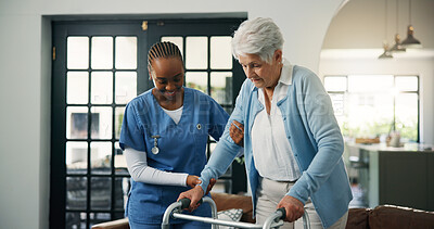 Buy stock photo Help, nurse and old woman with walker in home for physiotherapy or assisted living for healthcare. Person with disability, caregiver or walking frame for assistance, recovery and smile in retirement