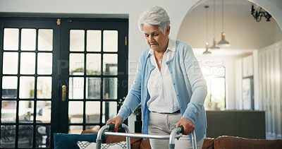 Buy stock photo Balance, stability and walking frame with old woman in home living room for rehabilitation. Aid, mobility walker and steps with senior person in apartment for healing, healthcare or recover exercise