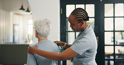 Buy stock photo Woman, physiotherapist or senior patient with checkup for back pain, muscle recovery or healing. Female person, physio or checking shoulders with elderly for medical assessment or exam in practice