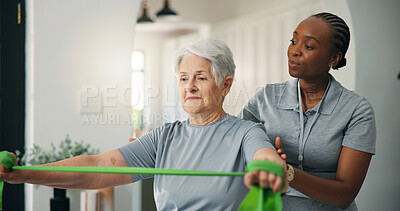 Buy stock photo Physiotherapy, resistance band and help old woman in home, strength training or exercise. Senior person, physical therapy and assistance for muscle recovery, rehabilitation or fitness in retirement