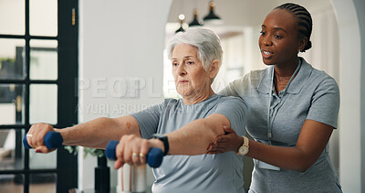 Buy stock photo Physiotherapist, dumbbells and help senior woman in home, strength training and exercise. Elderly person, physical therapy and weights for muscle recovery, rehabilitation or support in retirement
