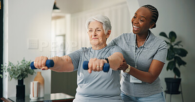 Buy stock photo Physiotherapist, dumbbells and laugh with senior woman in home, strength training and exercise. Elderly person, physical therapy and help with weights for muscle fitness, funny or support for health
