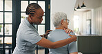 Woman, physiotherapist or senior patient with shoulder pain for checkup, muscle recovery or healing. Female person, physio or checking elderly with tension for medical assessment or exam in practice