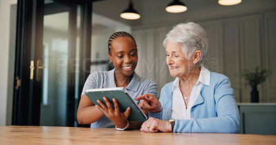 Buy stock photo Smile, caregiver and senior woman with tablet at house for good news, medical results and telehealth. Happy, nurse and elderly person with digital for healthcare report, online survey and retirement