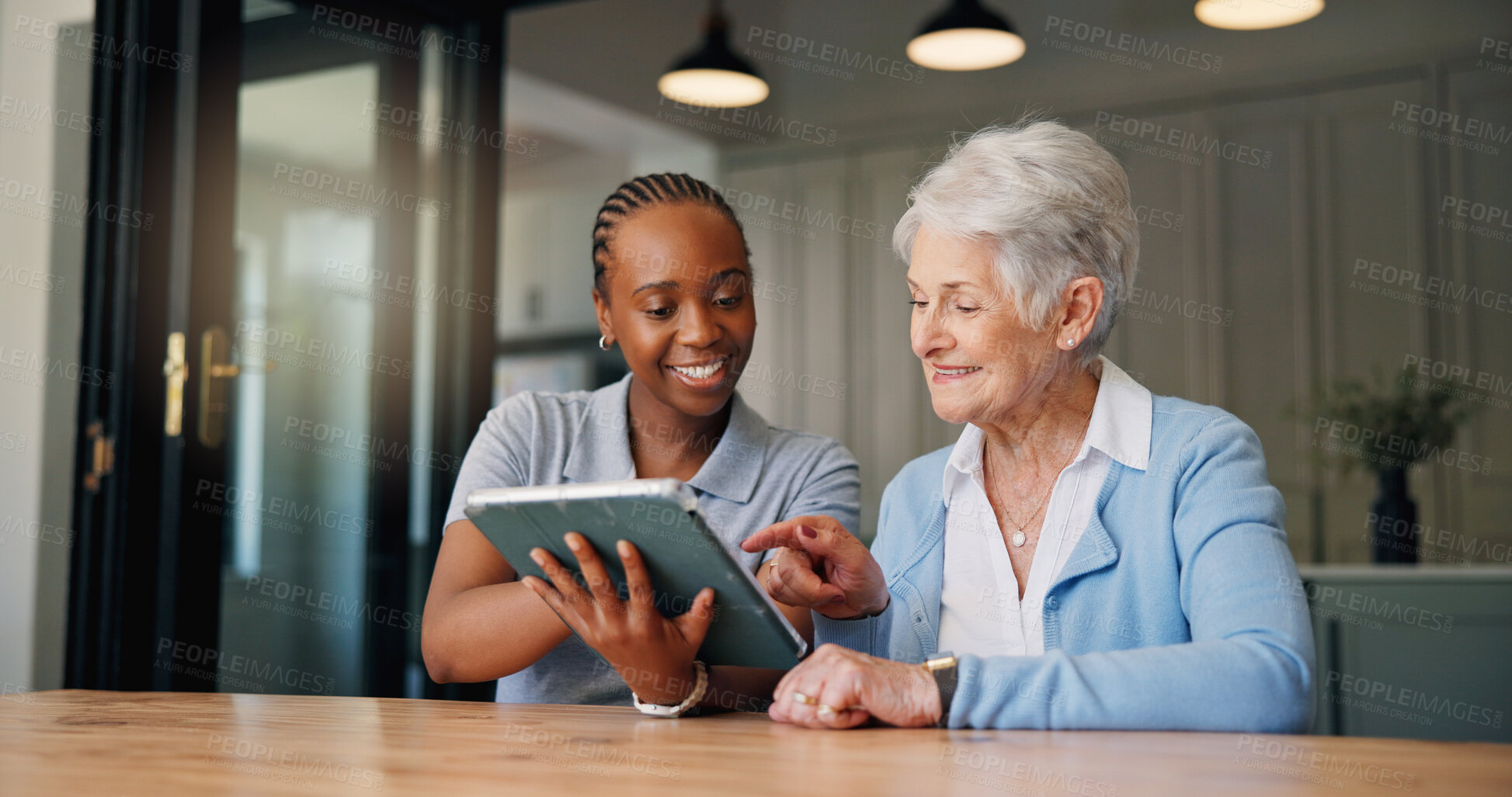 Buy stock photo Smile, caregiver and senior woman with tablet at house for good news, medical results and telehealth. Happy, nurse and elderly person with digital for healthcare report, online survey and retirement