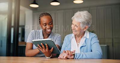Buy stock photo Happy, caregiver and senior woman with tablet in home for good news, medical results and telehealth. Smile, nurse and elderly person with digital for healthcare report, online survey and retirement