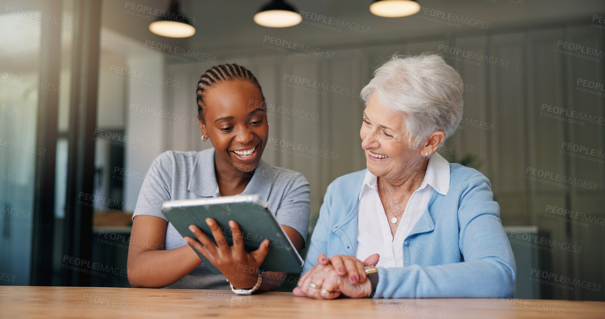 Buy stock photo Happy, caregiver and senior woman with tablet in home for good news, medical results and telehealth. Smile, nurse and elderly person with digital for healthcare report, online survey and retirement
