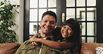 Father, child and hug portrait on sofa for bonding together, healthy relationship or security. Happy family, dad or girl with embrace in home for connection, support or affection with love on weekend