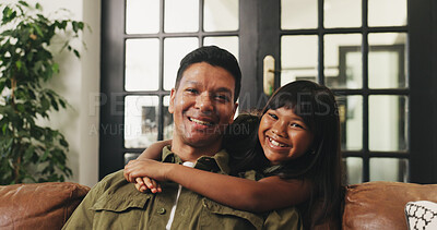 Buy stock photo Father, child and hug portrait on sofa for bonding together, healthy relationship or security. Happy family, dad or girl with embrace in home for connection, support or affection with love on weekend