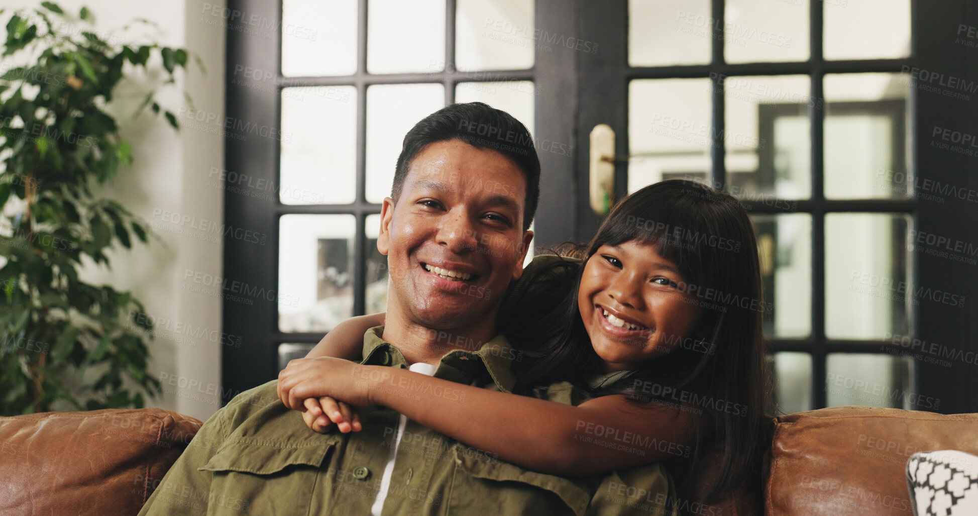 Buy stock photo Father, child and hug portrait on sofa for bonding together, healthy relationship or security. Happy family, dad or girl with embrace in home for connection, support or affection with love on weekend