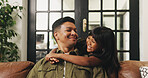 Happy dad, child and sofa with hug in home for love, support or relaxing holiday together. Father, kid or daughter with smile, embrace or comfort on couch for care, fun childhood or bonding in house
