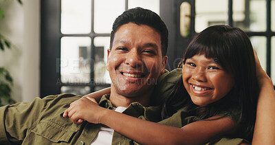 Buy stock photo Father, child and hug portrait in home for bonding together, healthy relationship or security. Happy family, dad or girl with embrace on sofa for connection, support or affection with love on weekend