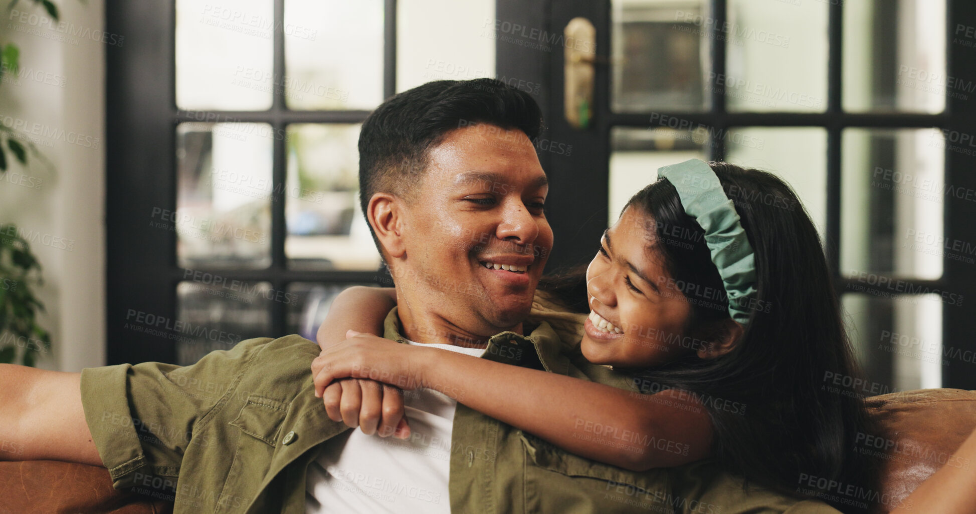 Buy stock photo Love, father and child with hug on sofa for bonding together, healthy relationship or security. Happy family, dad or kid with embrace in home for connection, support or affection with care on weekend