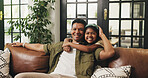 Dad, child and hug portrait on sofa for bonding together, healthy relationship or security. Happy family, father or girl with embrace in home for protection, support or affection with love on weekend