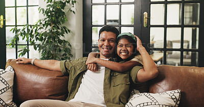 Buy stock photo Dad, child and hug portrait on sofa for bonding together, healthy relationship or security. Happy family, father or girl with embrace in home for protection, support or affection with love on weekend