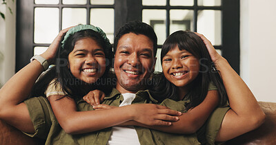 Buy stock photo Home, portrait and father on sofa, girls and happiness with weekend break, relax and family. Apartment, parent and dad on couch, daughter and bonding together for love, smile and man with comfort