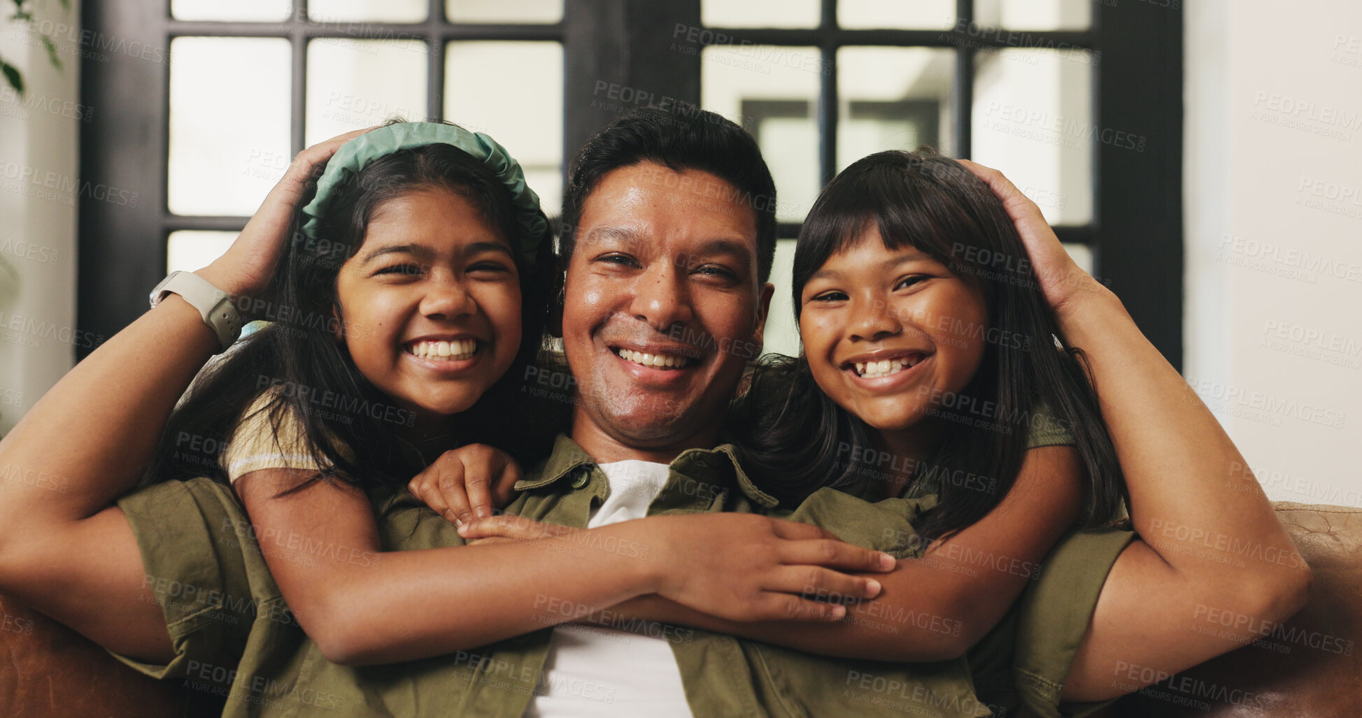 Buy stock photo Home, portrait and father on sofa, girls and happiness with weekend break, relax and family. Apartment, parent and dad on couch, daughter and bonding together for love, smile and man with comfort