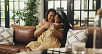 Love, mother and child with hug on sofa for bonding together, healthy relationship or security. Happy family, mom or kid with embrace in home for connection, support or affection with care on weekend