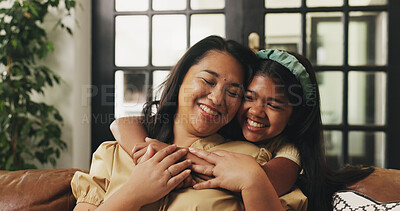 Buy stock photo Love, kid or mother with hug on sofa for bonding together, healthy relationship or protection. Happy family, mom or girl with embrace in home for connection, support or affection with care on weekend